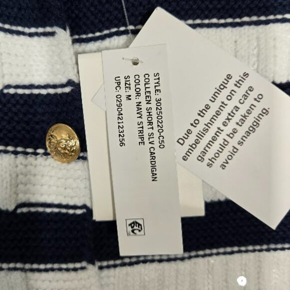 SAM EDELMAN Colleen Stripe Short Sleeve Cardigan knit blue Size Medium NWT - Picture 7 of 9